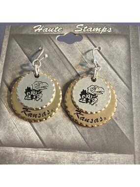 Haute Stamps Kansas University Dangle Earrings Gold Silver Tone Disc 2" New